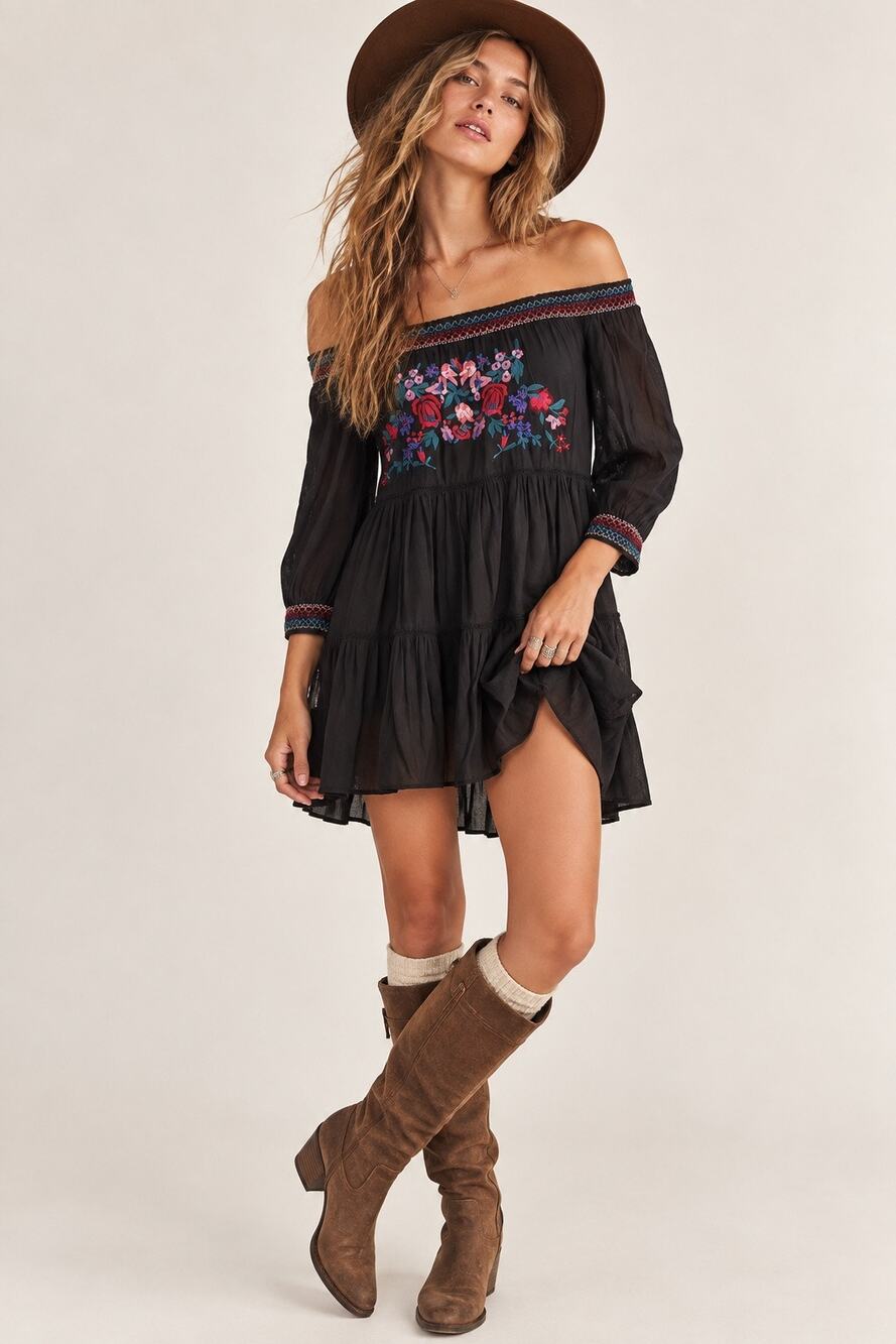 Free People Womens Size S Sunbeams Mini Dress Black Embroidered Off Shoulders